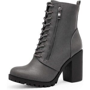 ⚡Womens Grey/Pu Faux Leather Rubber Sole Block High Heel Combat Silverado Boot